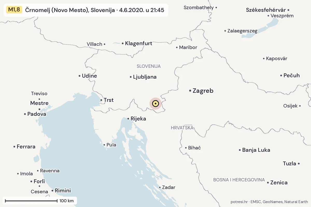 Karta: šire područje, 600 km, potres M1,8, Črnomelj (Novo Mesto), Slovenija, 4.6.2020.