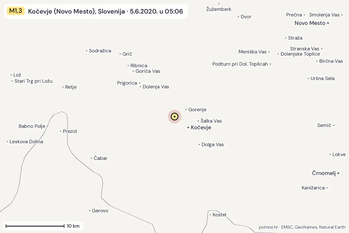 Karta: okolica epicentra, 60 km, potres M1,3, Kočevje (Novo Mesto), Slovenija, 5.6.2020.
