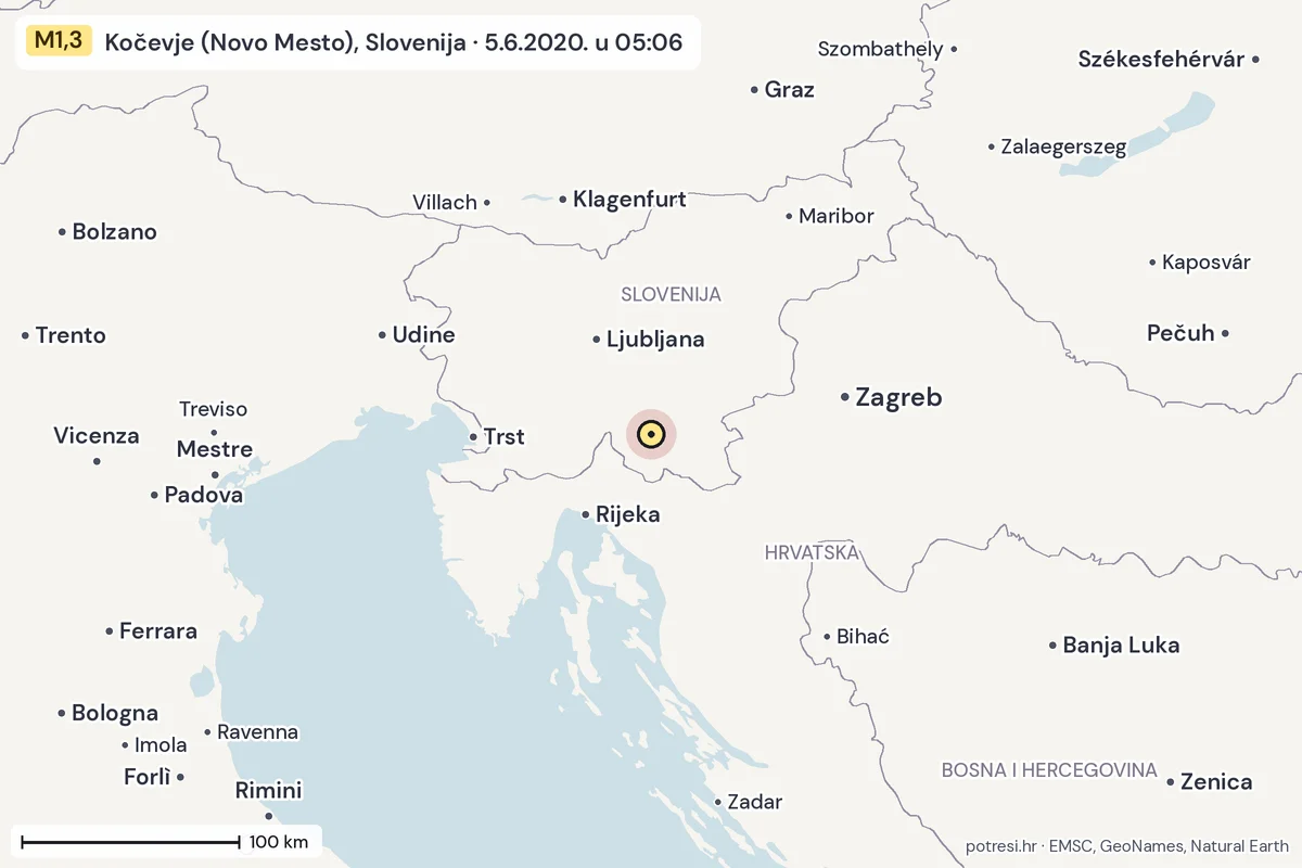 Karta: šire područje, 600 km, potres M1,3, Kočevje (Novo Mesto), Slovenija, 5.6.2020.