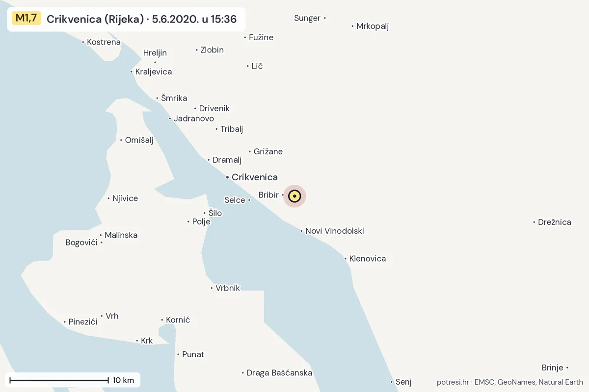 Karta: okolica epicentra, 60 km, potres M1,7, Crikvenica (Rijeka), 5.6.2020.