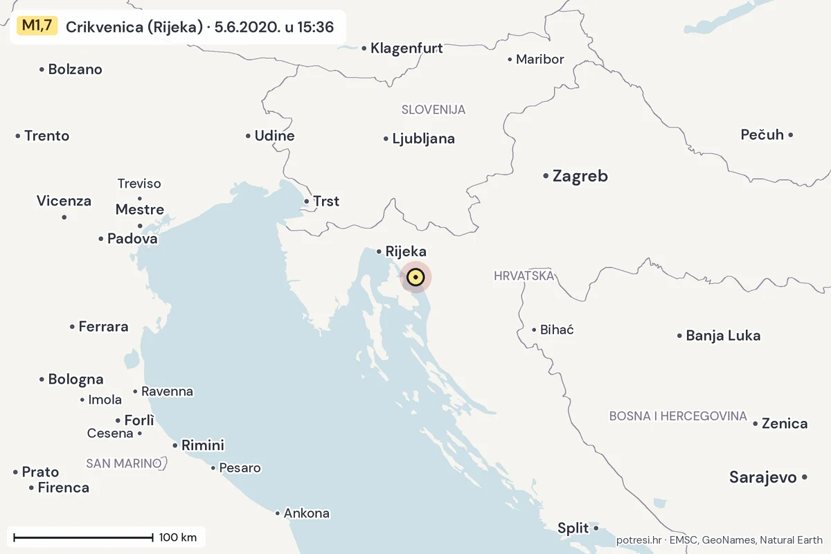 Karta: šire područje, 600 km, potres M1,7, Crikvenica (Rijeka), 5.6.2020.