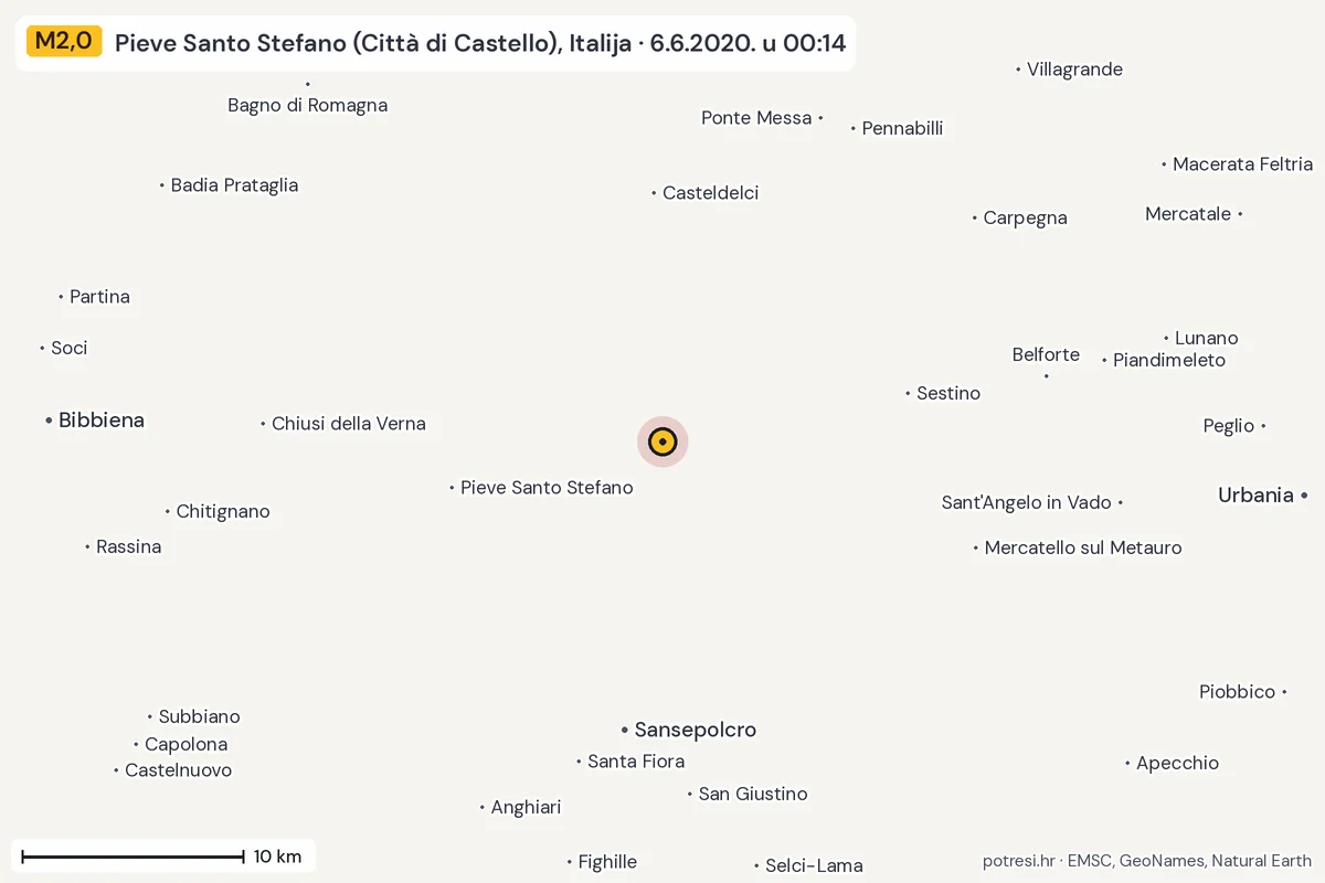 Karta: okolica epicentra, 60 km, potres M2,0, Pieve Santo Stefano (Città di Castello), Italija, 6.6.2020.