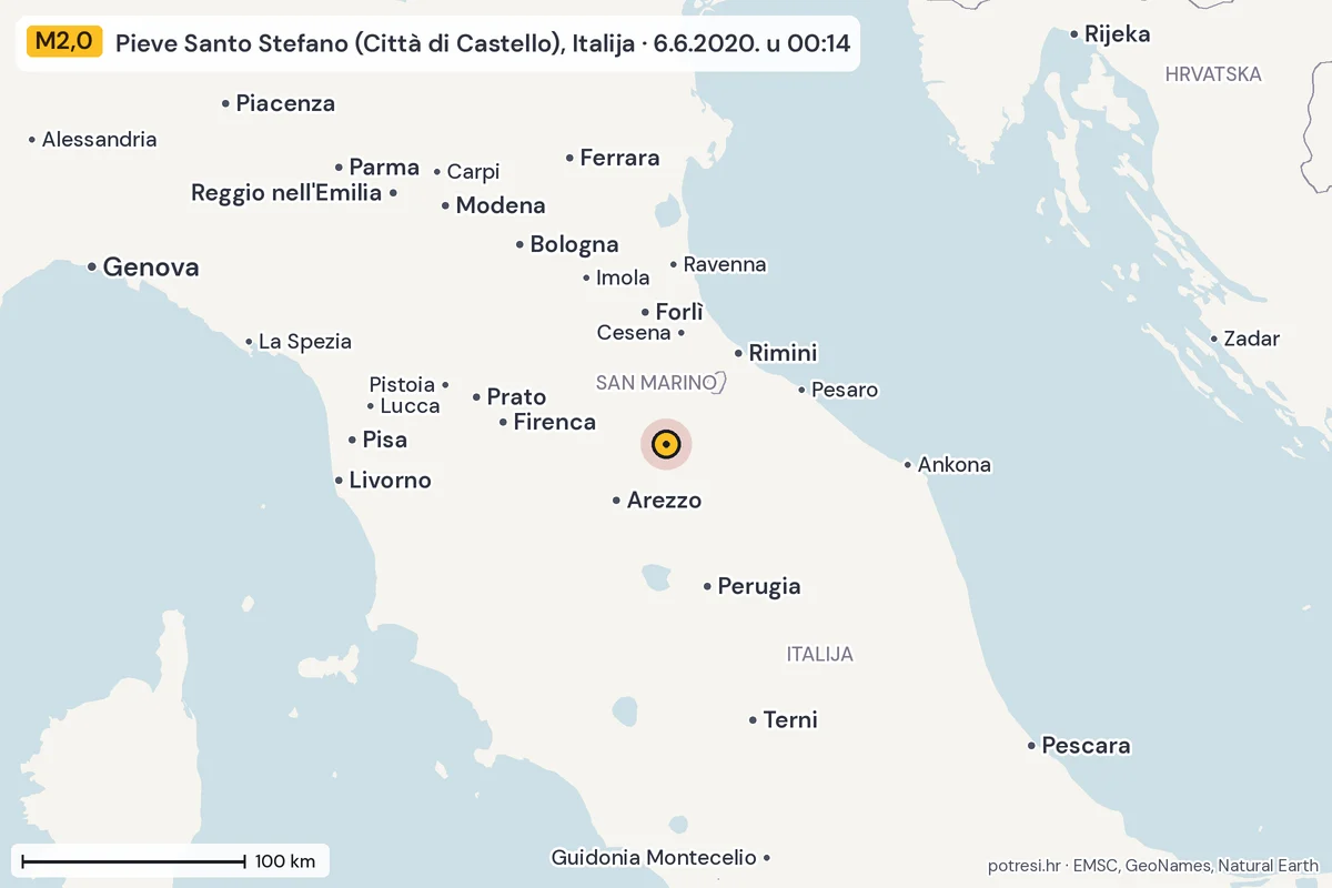 Karta: šire područje, 600 km, potres M2,0, Pieve Santo Stefano (Città di Castello), Italija, 6.6.2020.