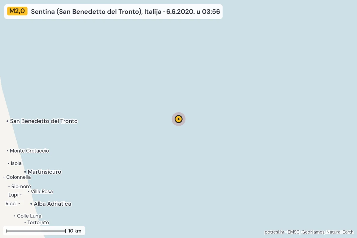 Karta: okolica epicentra, 60 km, potres M2,0, Sentina (San Benedetto del Tronto), Italija, 6.6.2020.