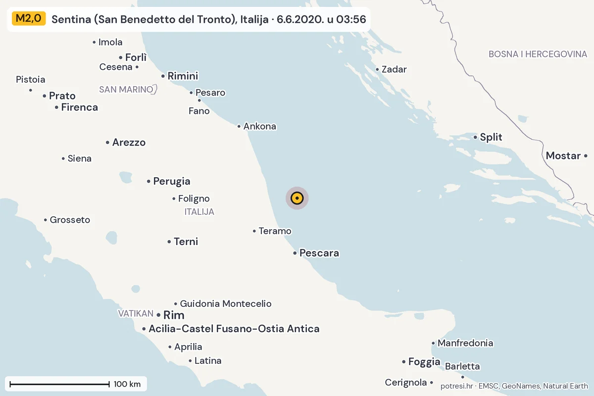 Karta: šire područje, 600 km, potres M2,0, Sentina (San Benedetto del Tronto), Italija, 6.6.2020.