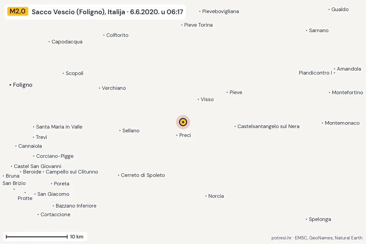 Karta: okolica epicentra, 60 km, potres M2,0, Sacco Vescio (Foligno), Italija, 6.6.2020.