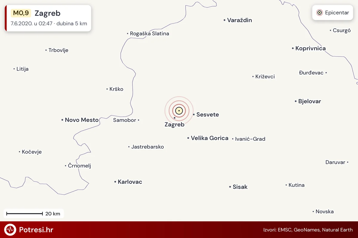 Karta: šire područje i vjerojatni doseg osjeta, potres M0,9, Zagreb, 7.6.2020.