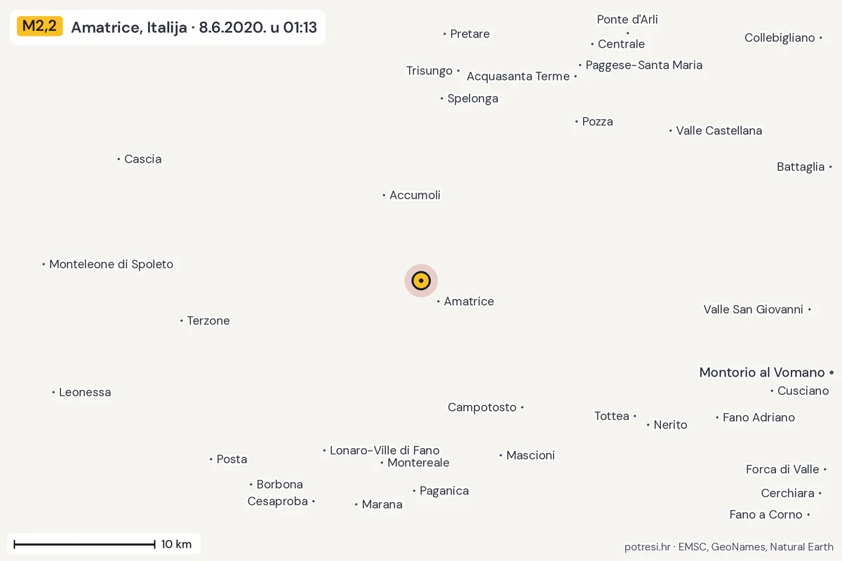 Karta: okolica epicentra, 60 km, potres M2,2, Amatrice, Italija, 8.6.2020.
