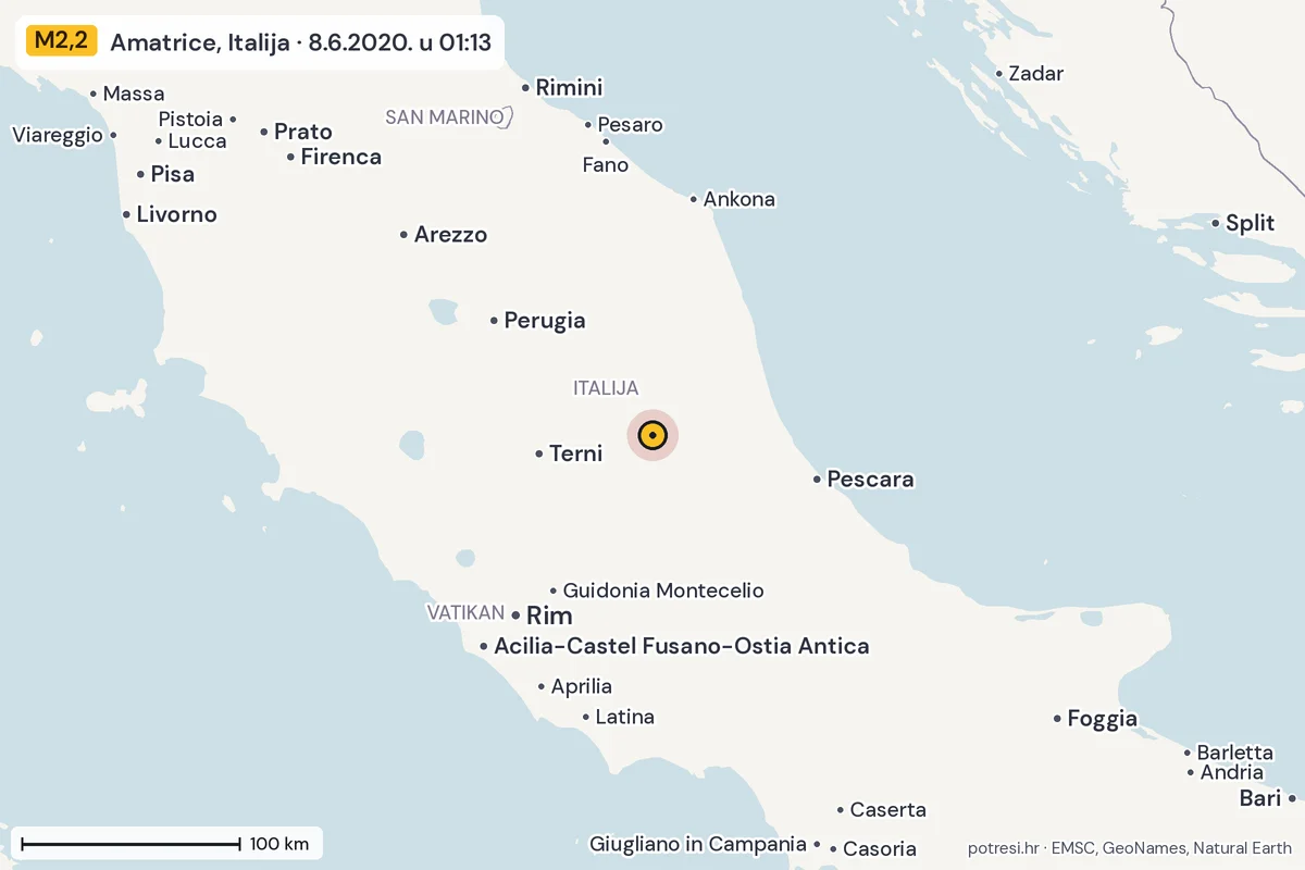 Karta: šire područje, 600 km, potres M2,2, Amatrice, Italija, 8.6.2020.