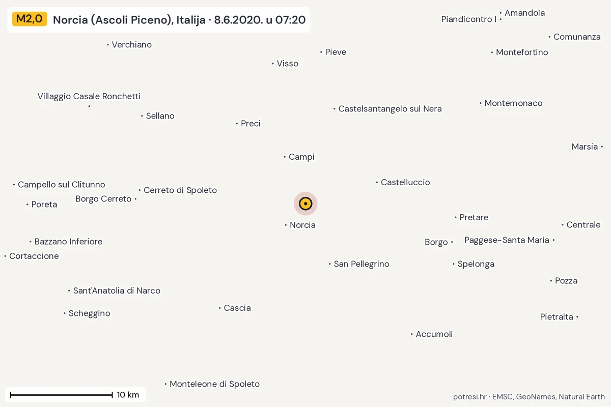 Karta: okolica epicentra, 60 km, potres M2,0, Norcia (Ascoli Piceno), Italija, 8.6.2020.
