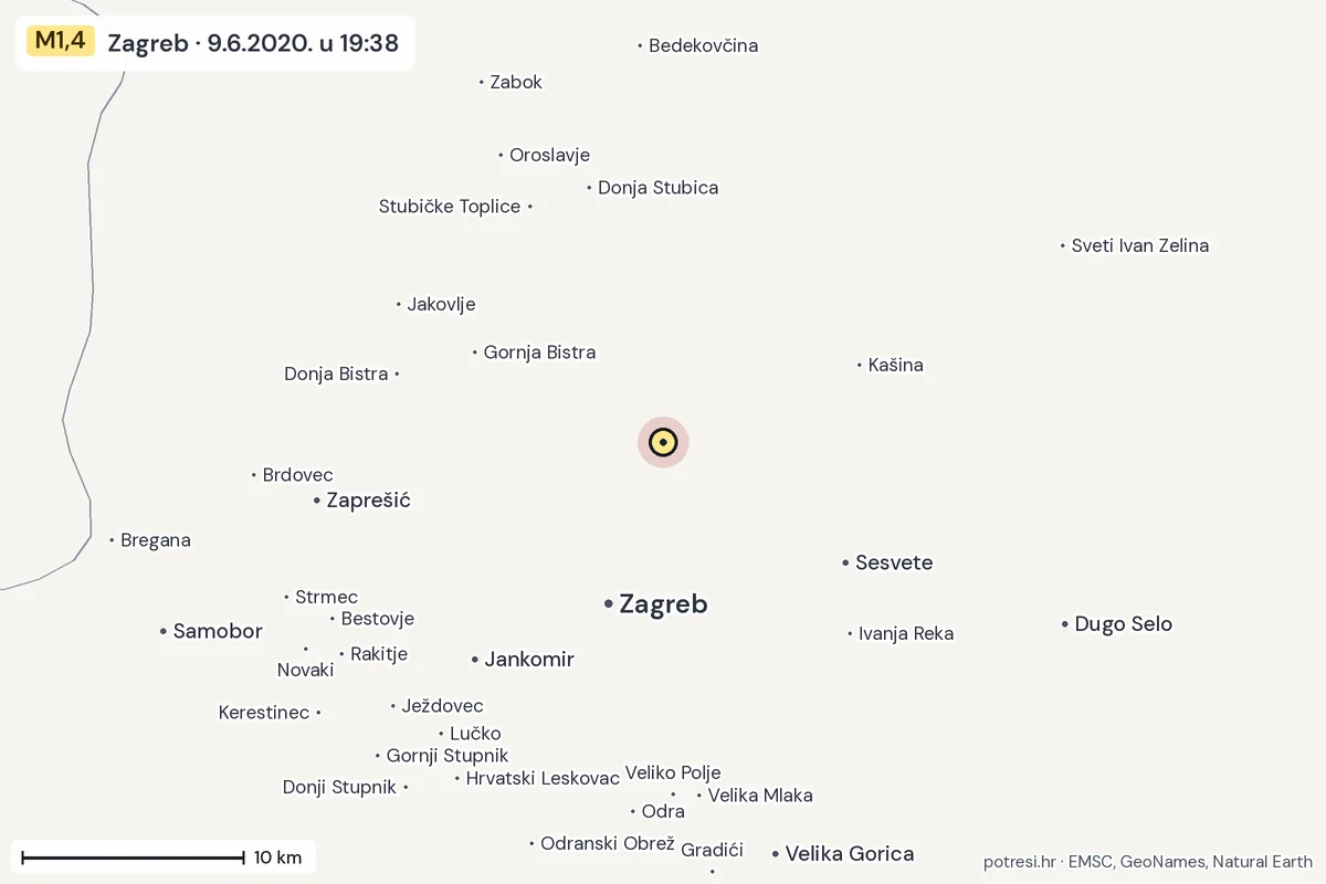 Karta: okolica epicentra, 60 km, potres M1,4, Zagreb, 9.6.2020.