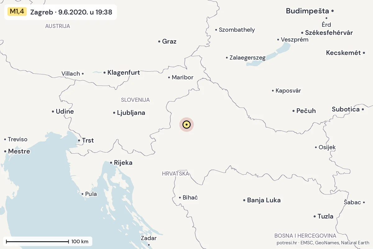 Karta: šire područje, 600 km, potres M1,4, Zagreb, 9.6.2020.