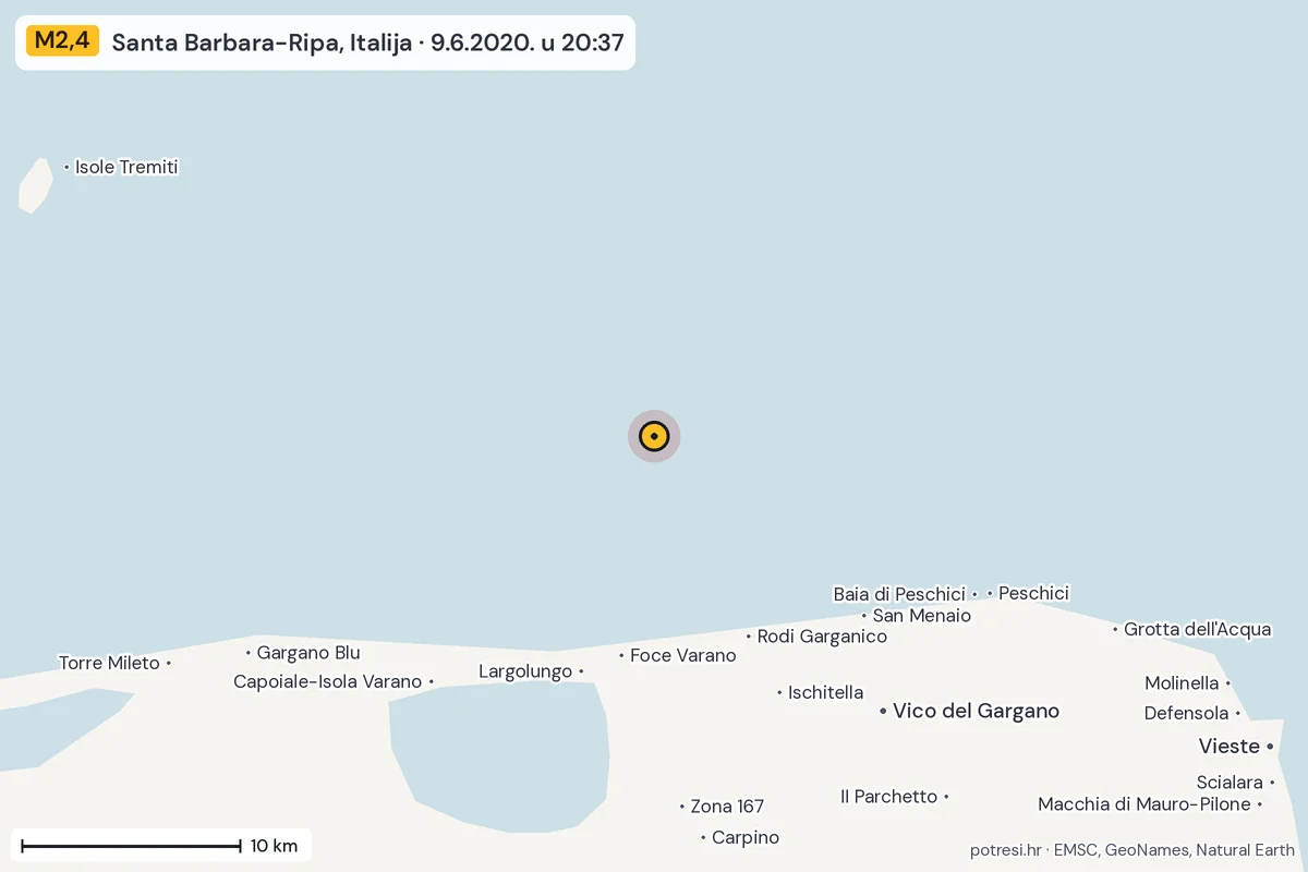 Karta: okolica epicentra, 60 km, potres M2,4, Santa Barbara-Ripa, Italija, 9.6.2020.