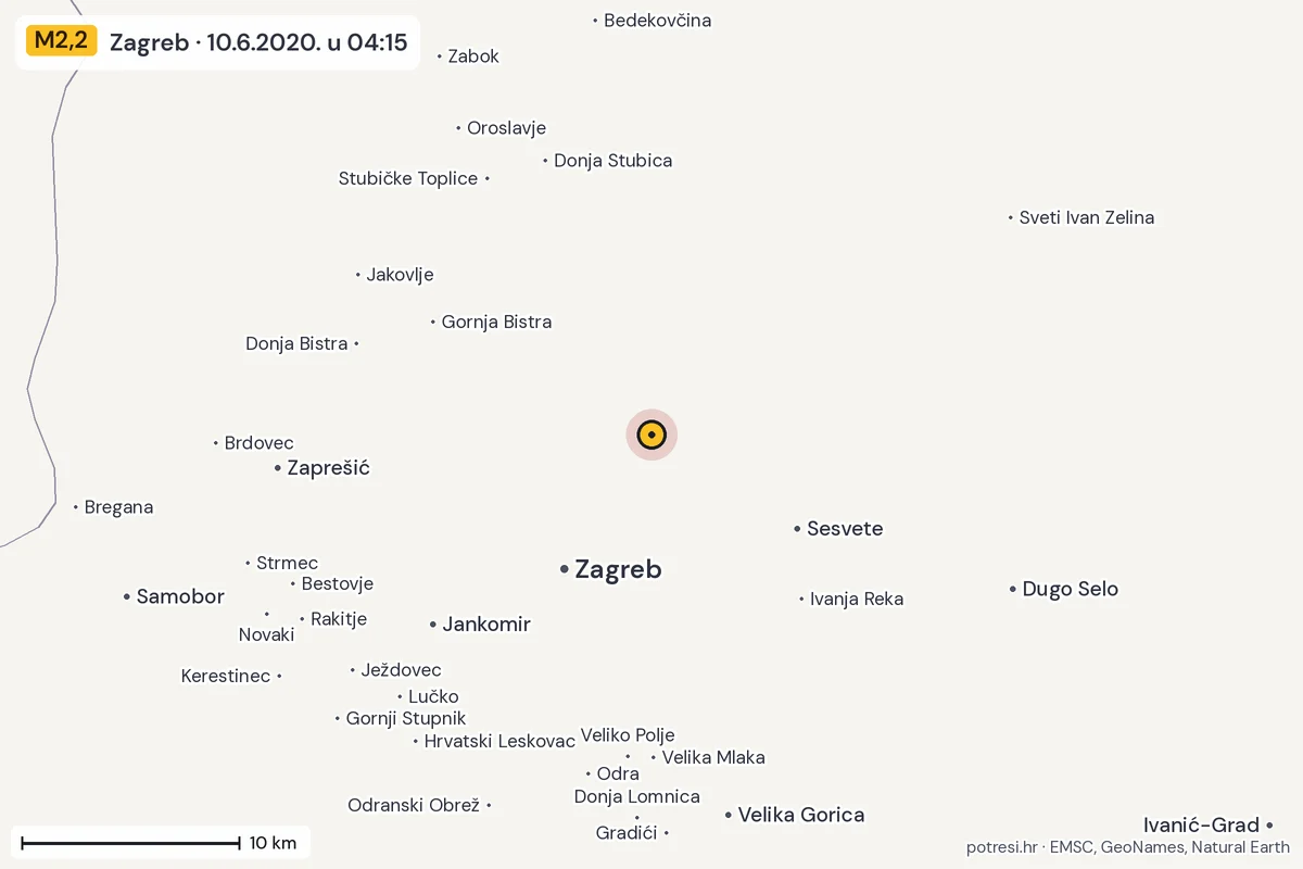 Karta: okolica epicentra, 60 km, potres M2,2, Zagreb, 10.6.2020.