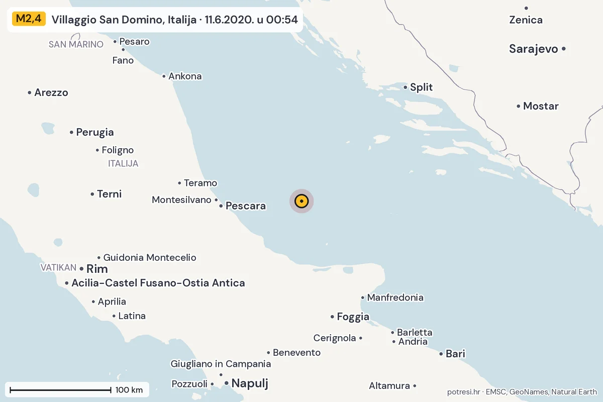 Karta: šire područje, 600 km, potres M2,4, Villaggio San Domino, Italija, 11.6.2020.