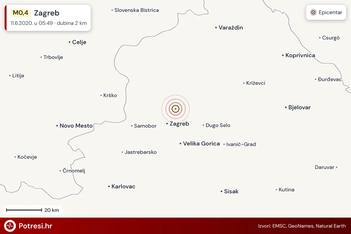 Karta: šire područje i vjerojatni doseg osjeta, potres M0,4, Zagreb, 11.6.2020.