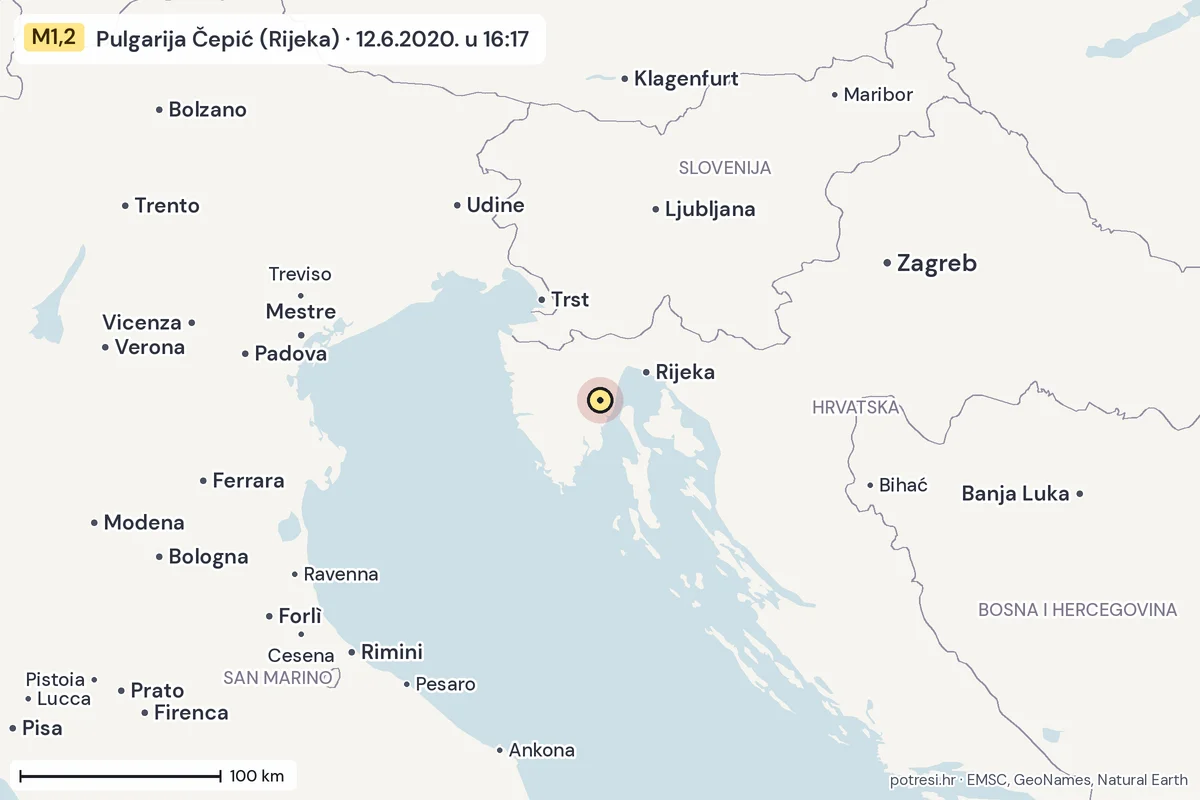 Karta: šire područje, 600 km, potres M1,2, Pulgarija Čepić (Rijeka), 12.6.2020.