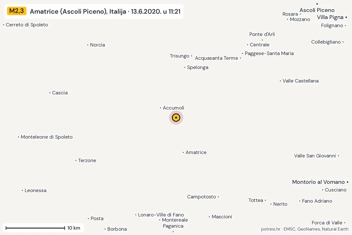Karta: okolica epicentra, 60 km, potres M2,3, Amatrice (Ascoli Piceno), Italija, 13.6.2020.