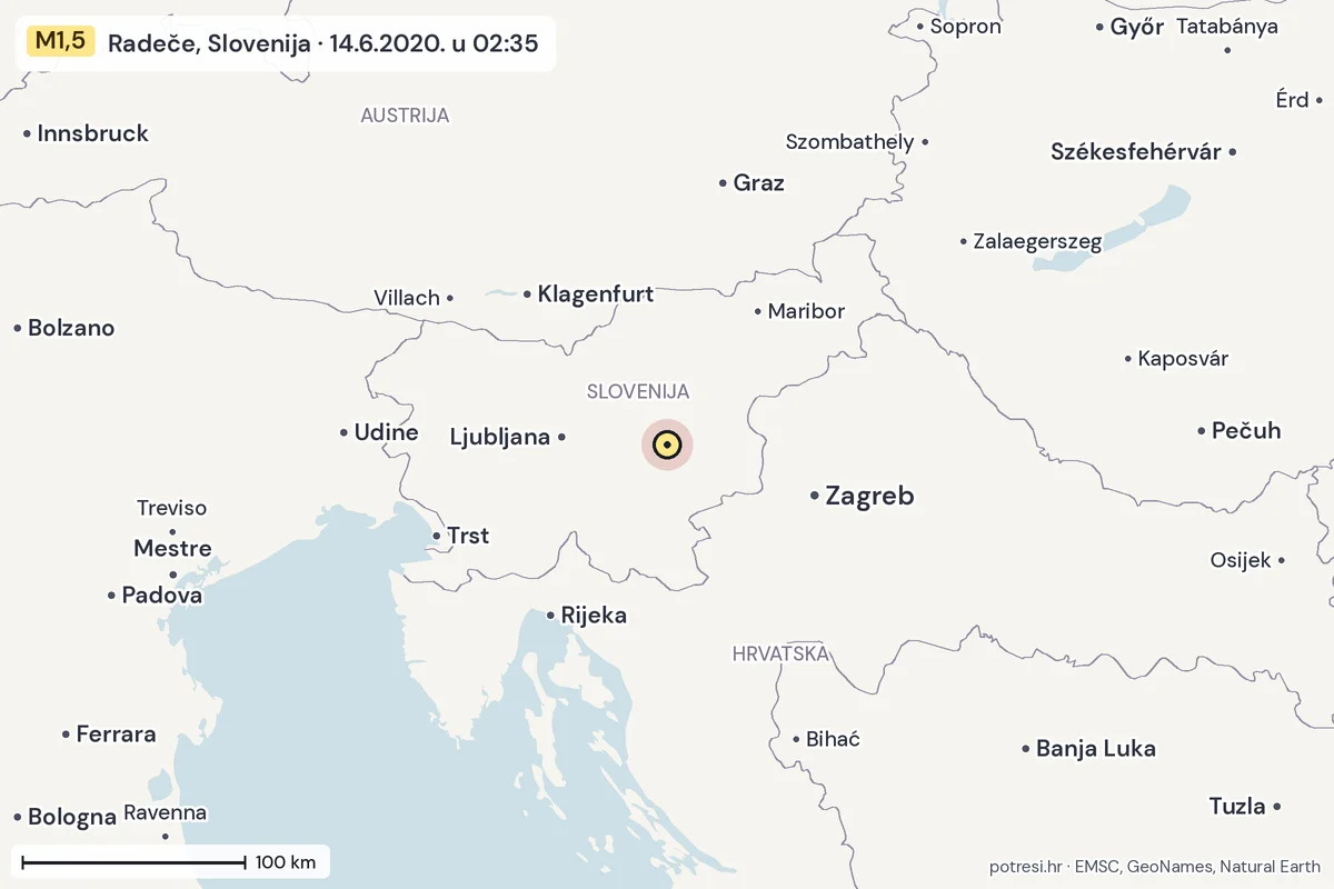 Karta: šire područje, 600 km, potres M1,5, Radeče, Slovenija, 14.6.2020.