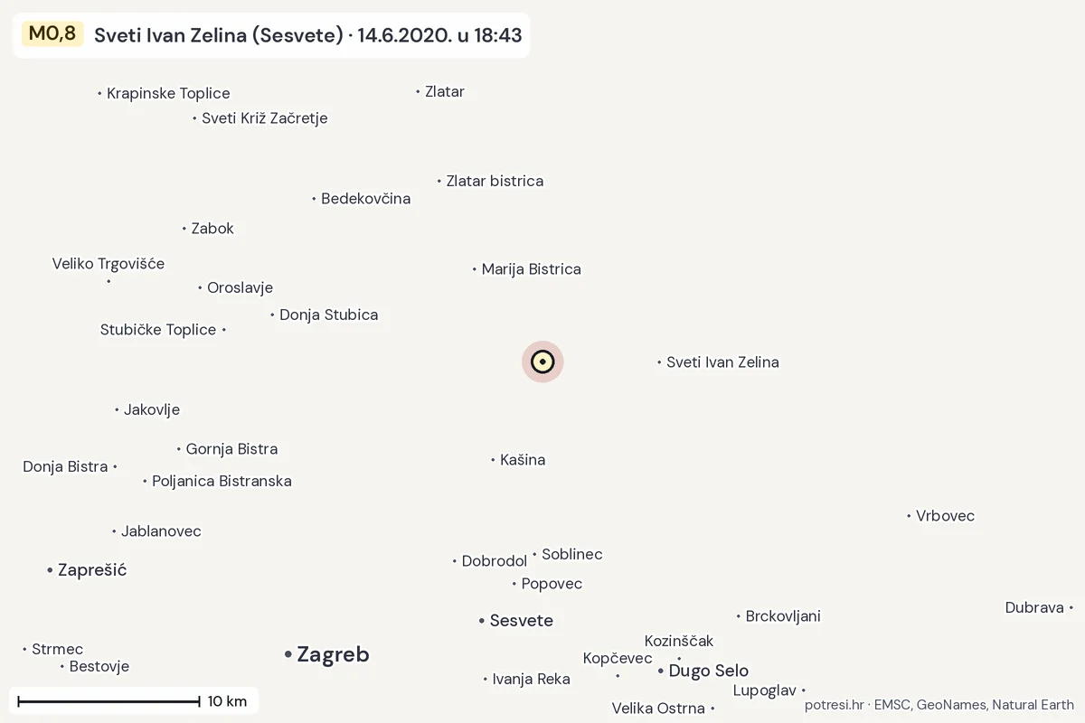 Karta: okolica epicentra, 60 km, potres M0,8, Sveti Ivan Zelina (Sesvete), 14.6.2020.