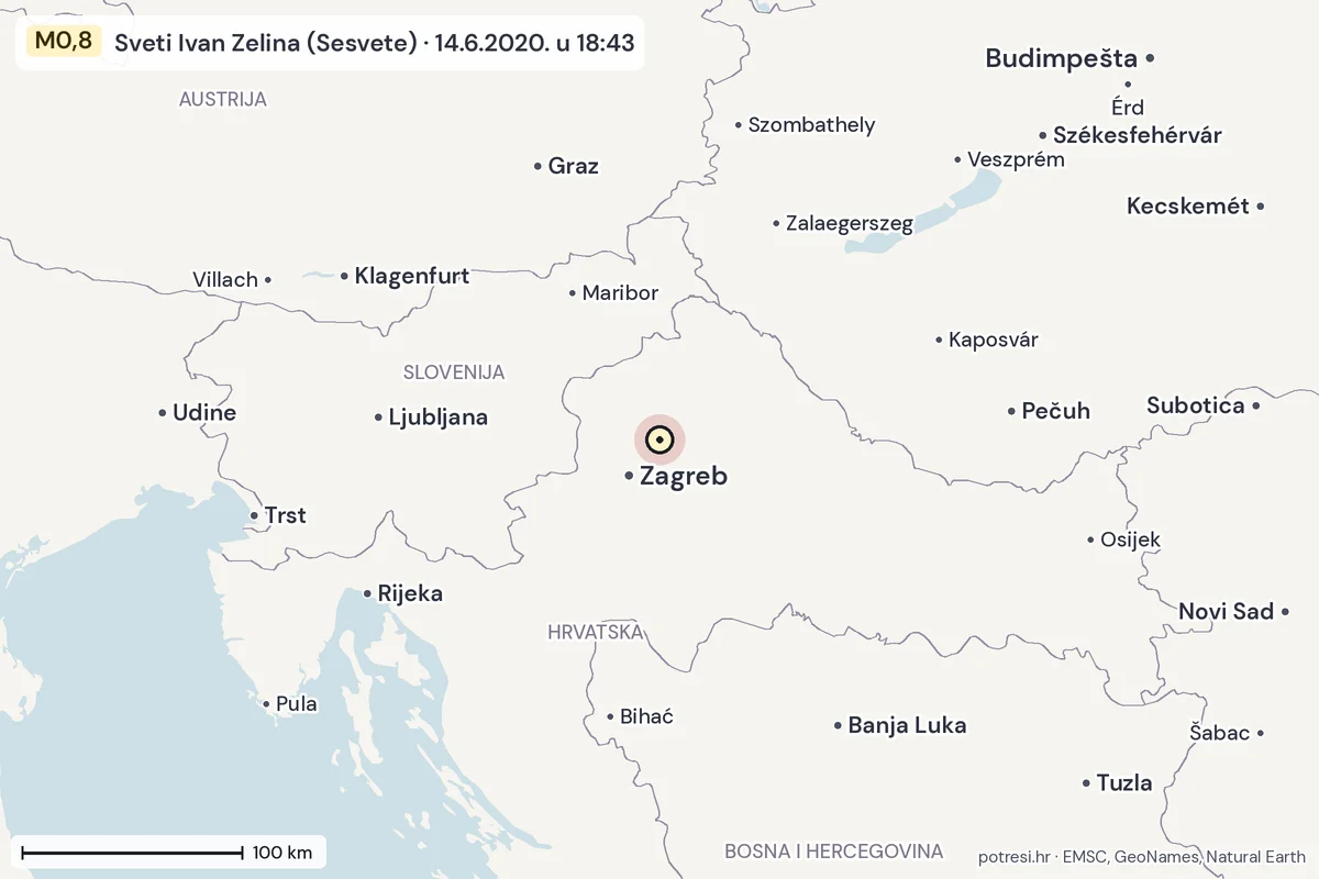 Karta: šire područje, 600 km, potres M0,8, Sveti Ivan Zelina (Sesvete), 14.6.2020.