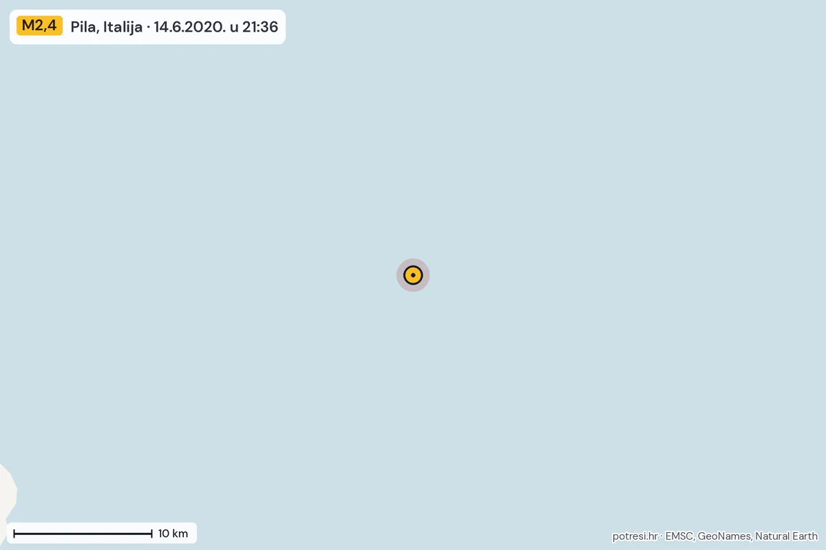 Karta: okolica epicentra, 60 km, potres M2,4, Pila, Italija, 14.6.2020.