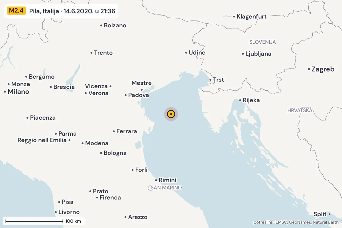 Karta: šire područje, 600 km, potres M2,4, Pila, Italija, 14.6.2020.