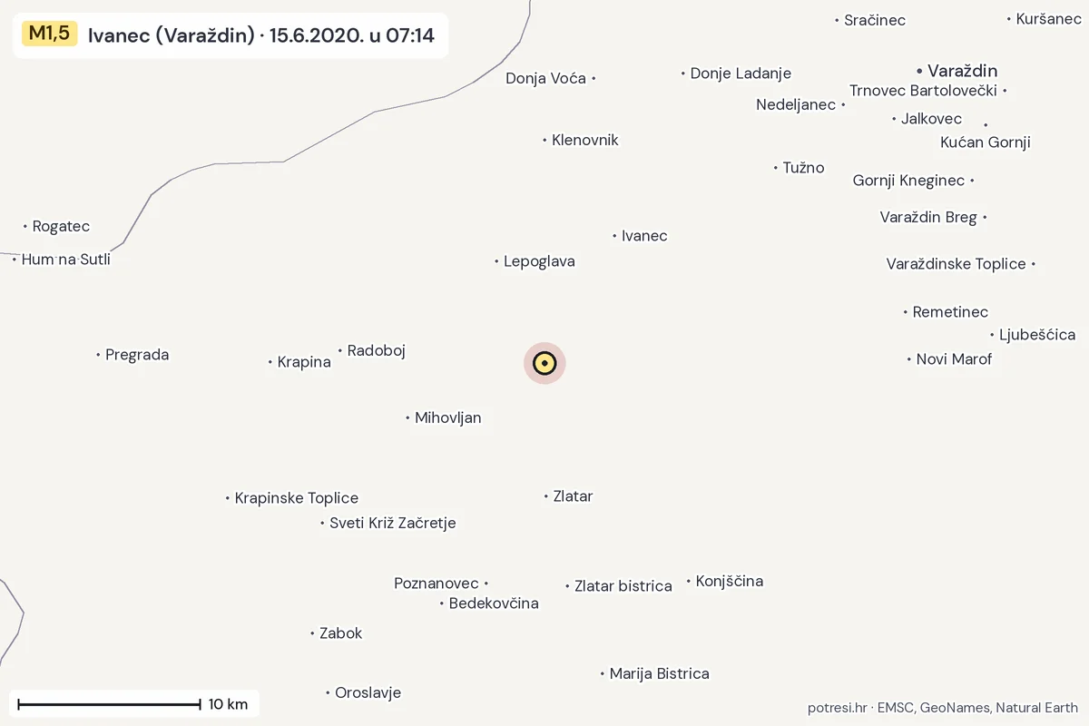Karta: okolica epicentra, 60 km, potres M1,5, Ivanec (Varaždin), 15.6.2020.
