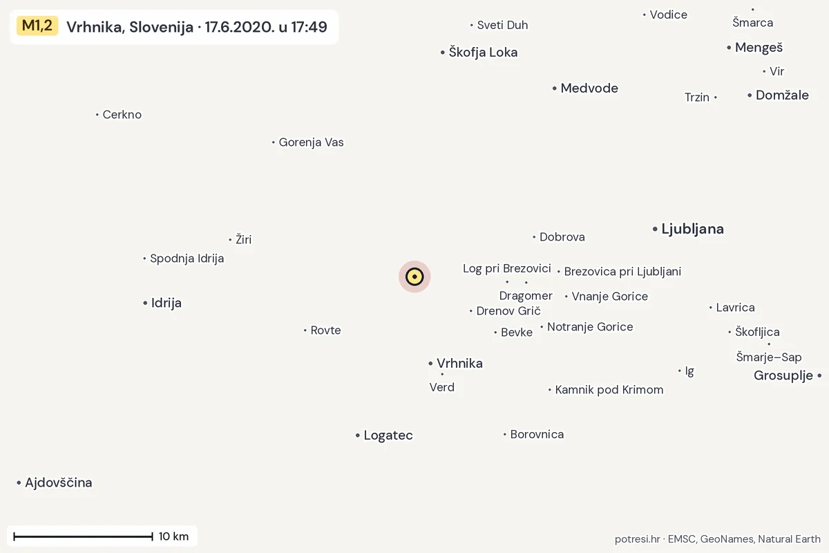 Karta: okolica epicentra, 60 km, potres M1,2, Vrhnika, Slovenija, 17.6.2020.