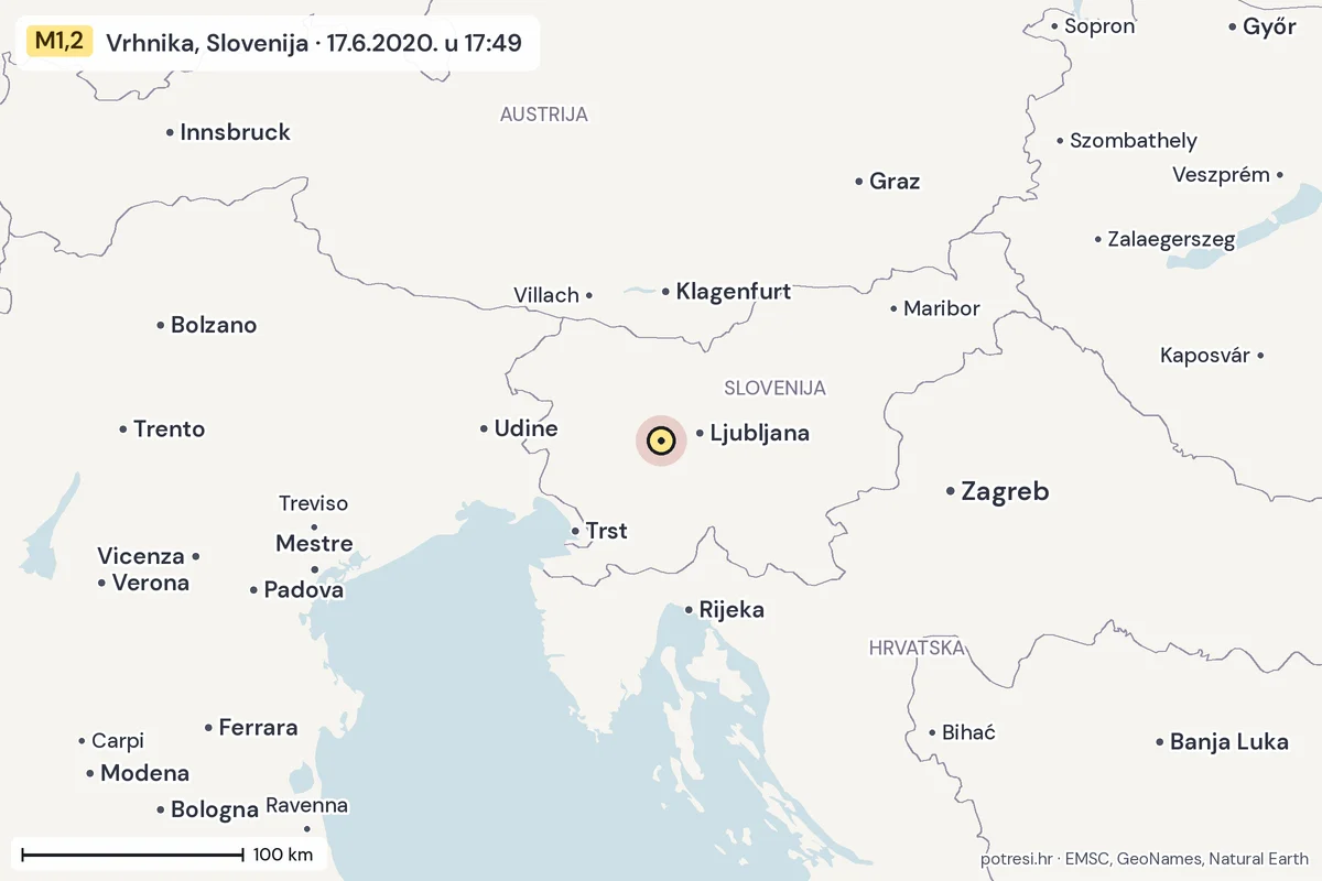 Karta: šire područje, 600 km, potres M1,2, Vrhnika, Slovenija, 17.6.2020.