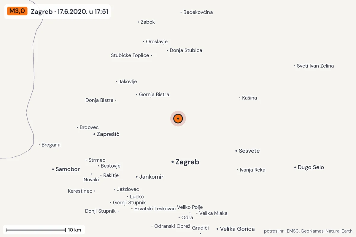Karta: okolica epicentra, 60 km, potres M3,0, Zagreb, 17.6.2020.