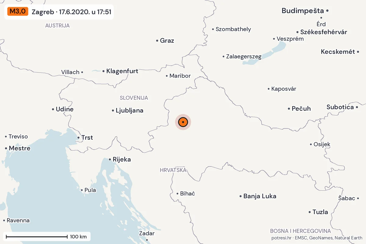 Karta: šire područje, 600 km, potres M3,0, Zagreb, 17.6.2020.