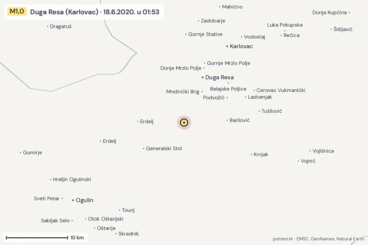 Karta: okolica epicentra, 60 km, potres M1,0, Duga Resa (Karlovac), 18.6.2020.