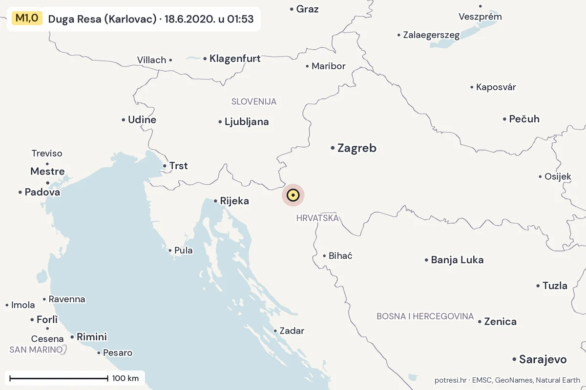 Karta: šire područje, 600 km, potres M1,0, Duga Resa (Karlovac), 18.6.2020.