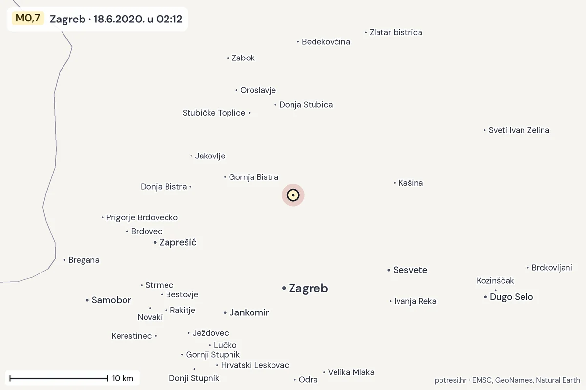 Karta: okolica epicentra, 60 km, potres M0,7, Zagreb, 18.6.2020.
