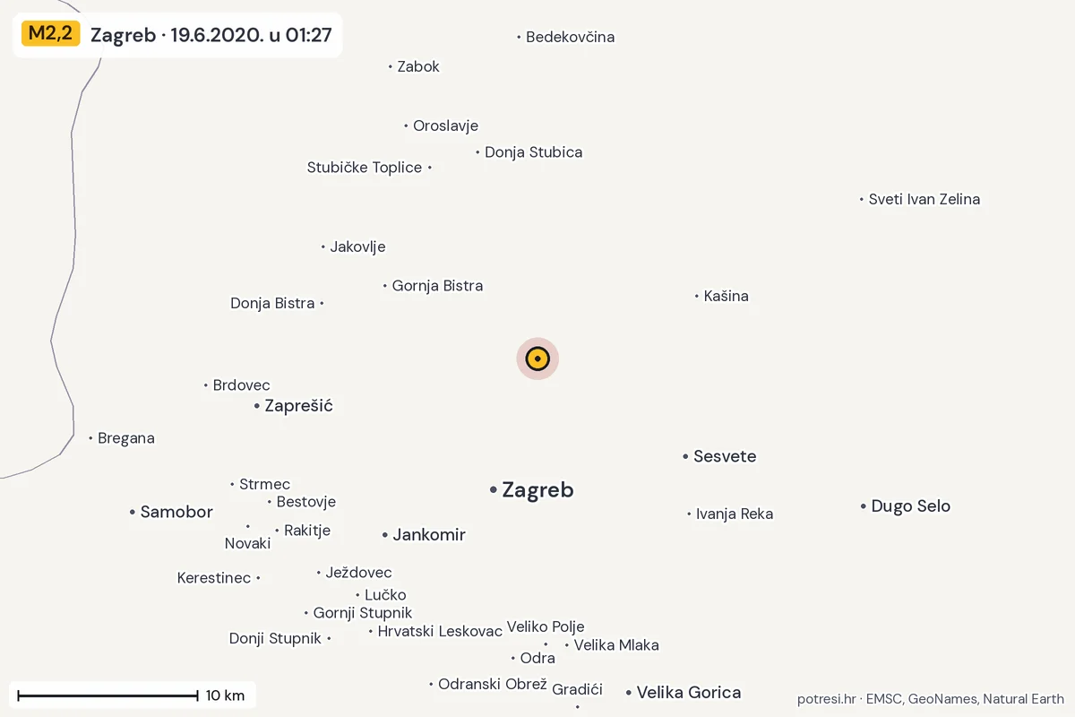 Karta: okolica epicentra, 60 km, potres M2,2, Zagreb, 19.6.2020.