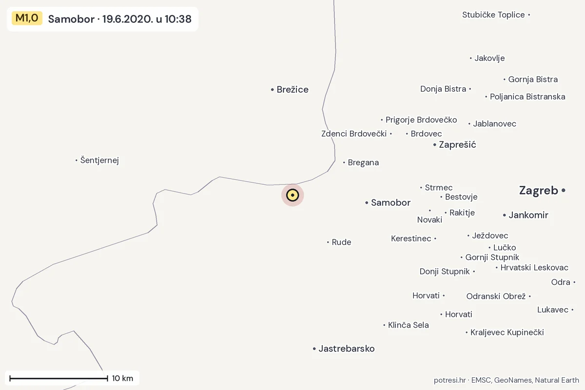 Karta: okolica epicentra, 60 km, potres M1,0, Samobor, 19.6.2020.