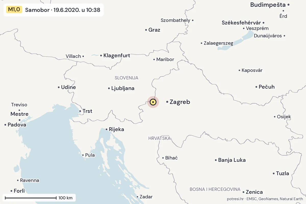 Karta: šire područje, 600 km, potres M1,0, Samobor, 19.6.2020.