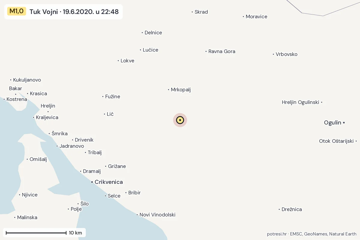 Karta: okolica epicentra, 60 km, potres M1,0, Tuk Vojni, 19.6.2020.