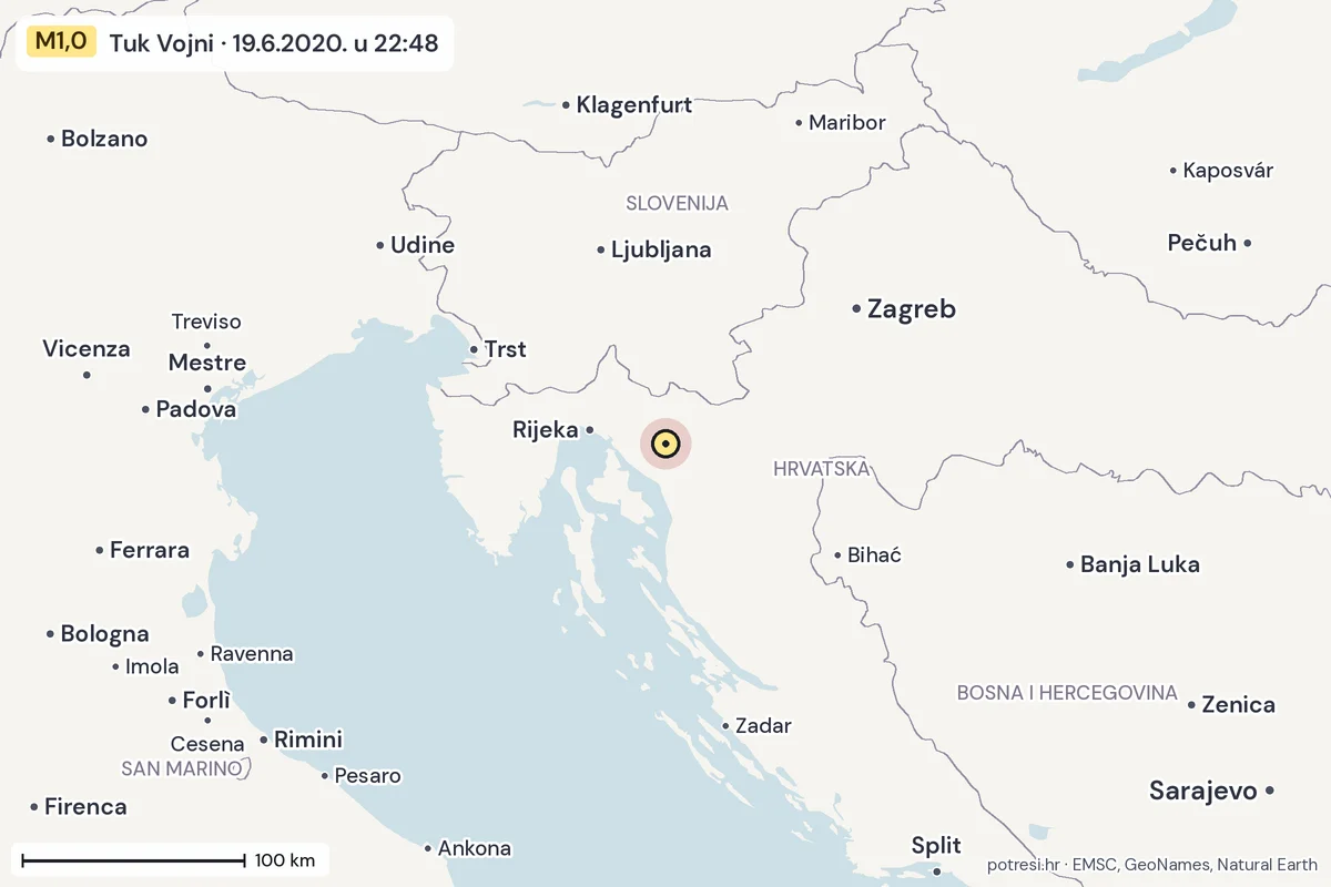 Karta: šire područje, 600 km, potres M1,0, Tuk Vojni, 19.6.2020.
