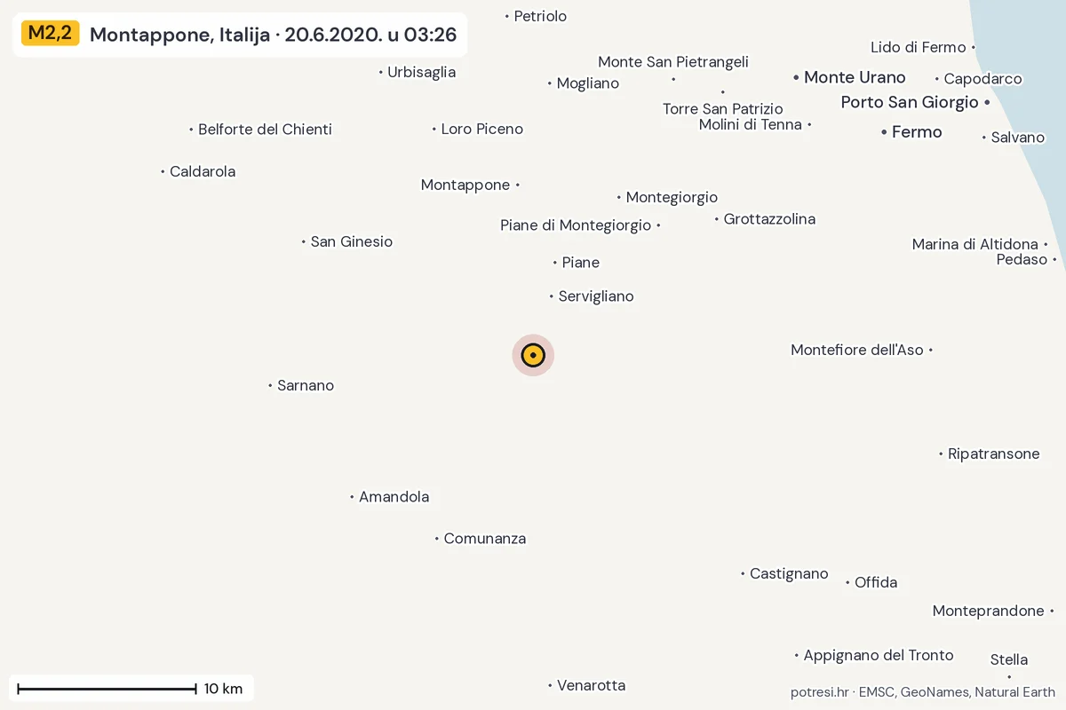 Karta: okolica epicentra, 60 km, potres M2,2, Montappone, Italija, 20.6.2020.