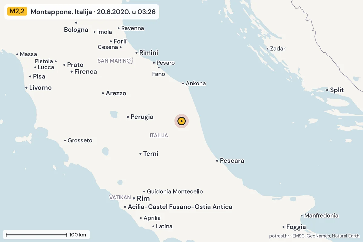 Karta: šire područje, 600 km, potres M2,2, Montappone, Italija, 20.6.2020.