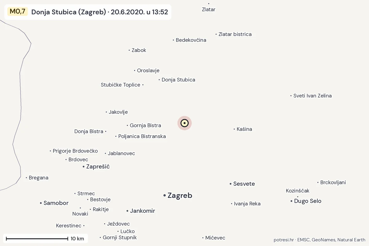 Karta: okolica epicentra, 60 km, potres M0,7, Donja Stubica (Zagreb), 20.6.2020.