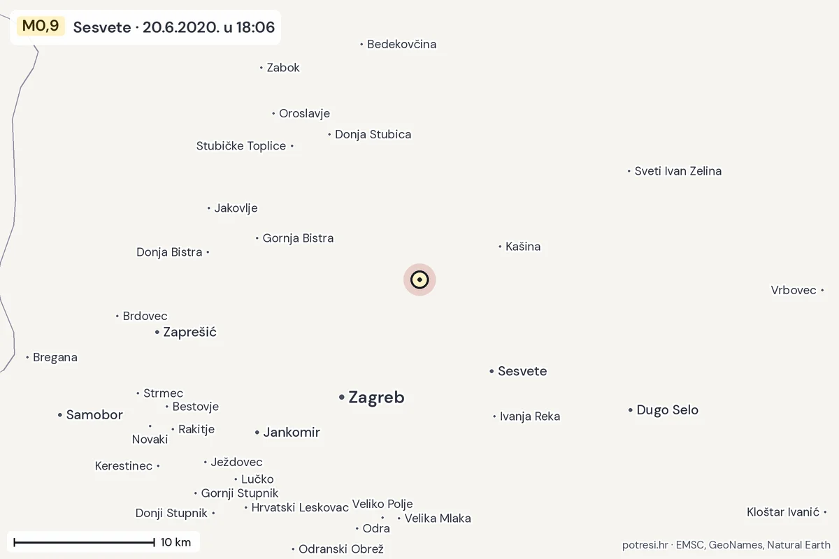 Karta: okolica epicentra, 60 km, potres M0,9, Sesvete, 20.6.2020.