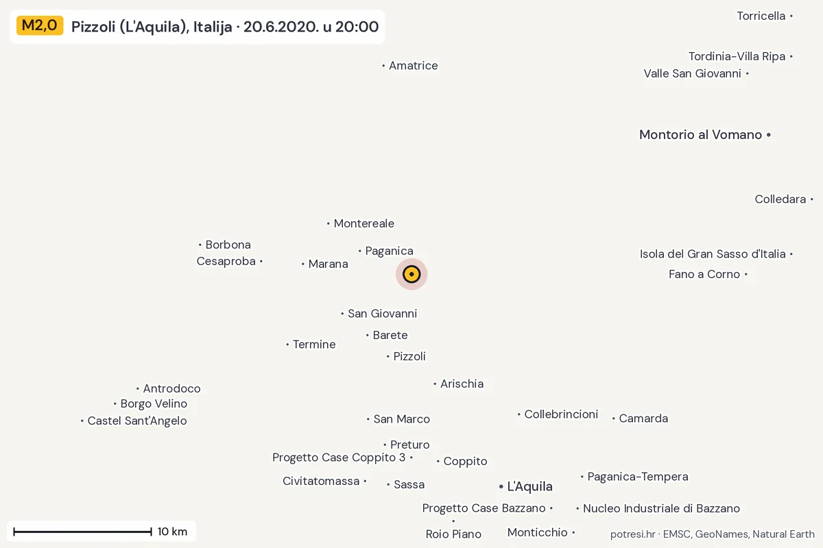 Karta: okolica epicentra, 60 km, potres M2,0, Pizzoli (L'Aquila), Italija, 20.6.2020.
