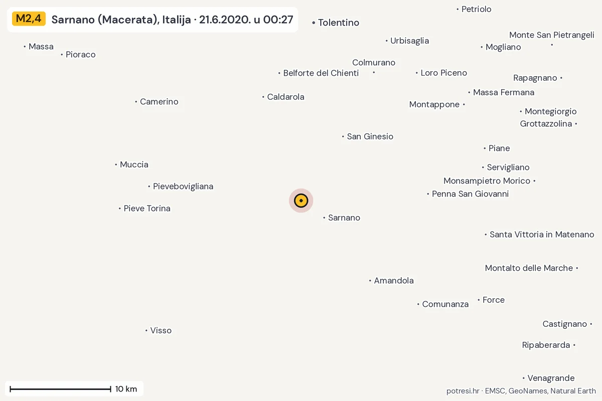 Karta: okolica epicentra, 60 km, potres M2,4, Sarnano (Macerata), Italija, 21.6.2020.