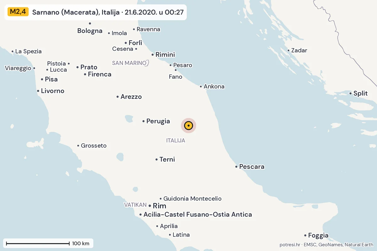 Karta: šire područje, 600 km, potres M2,4, Sarnano (Macerata), Italija, 21.6.2020.