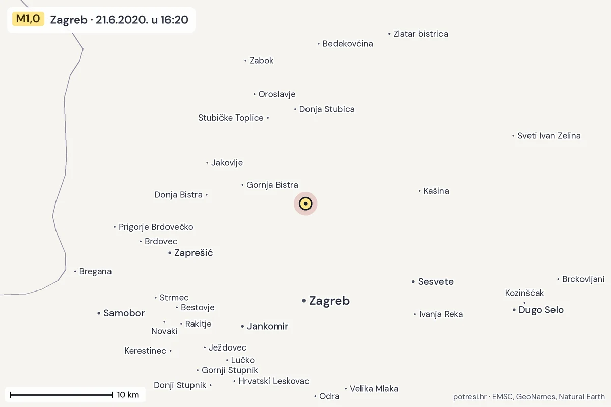 Karta: okolica epicentra, 60 km, potres M1,0, Zagreb, 21.6.2020.