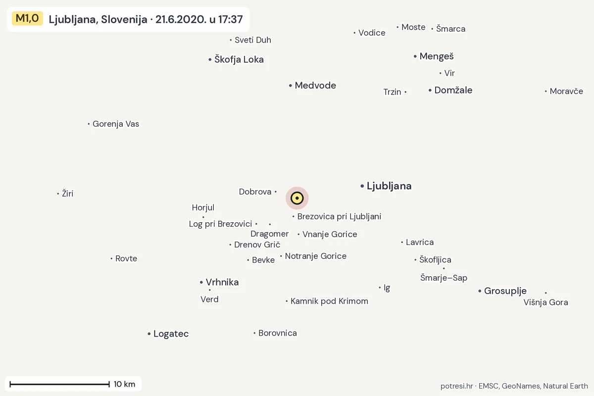 Karta: okolica epicentra, 60 km, potres M1,0, Ljubljana, Slovenija, 21.6.2020.