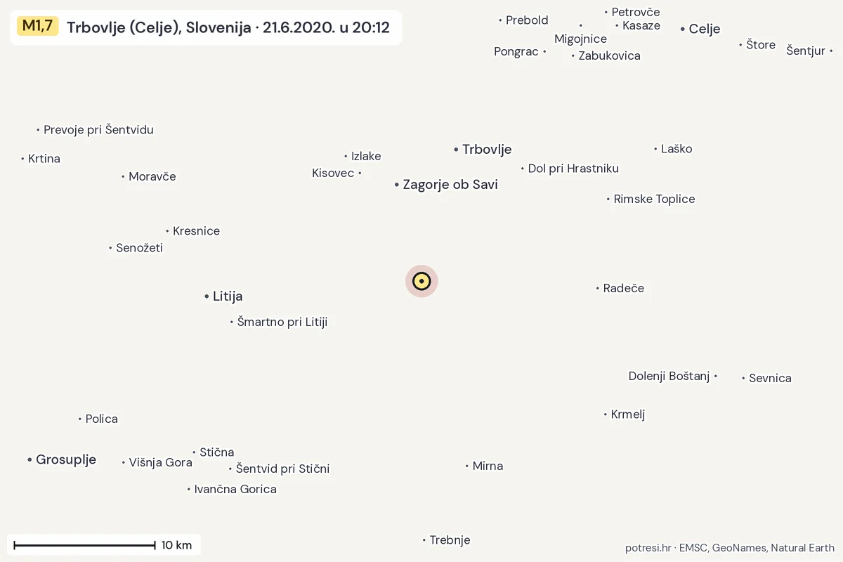 Karta: okolica epicentra, 60 km, potres M1,7, Trbovlje (Celje), Slovenija, 21.6.2020.
